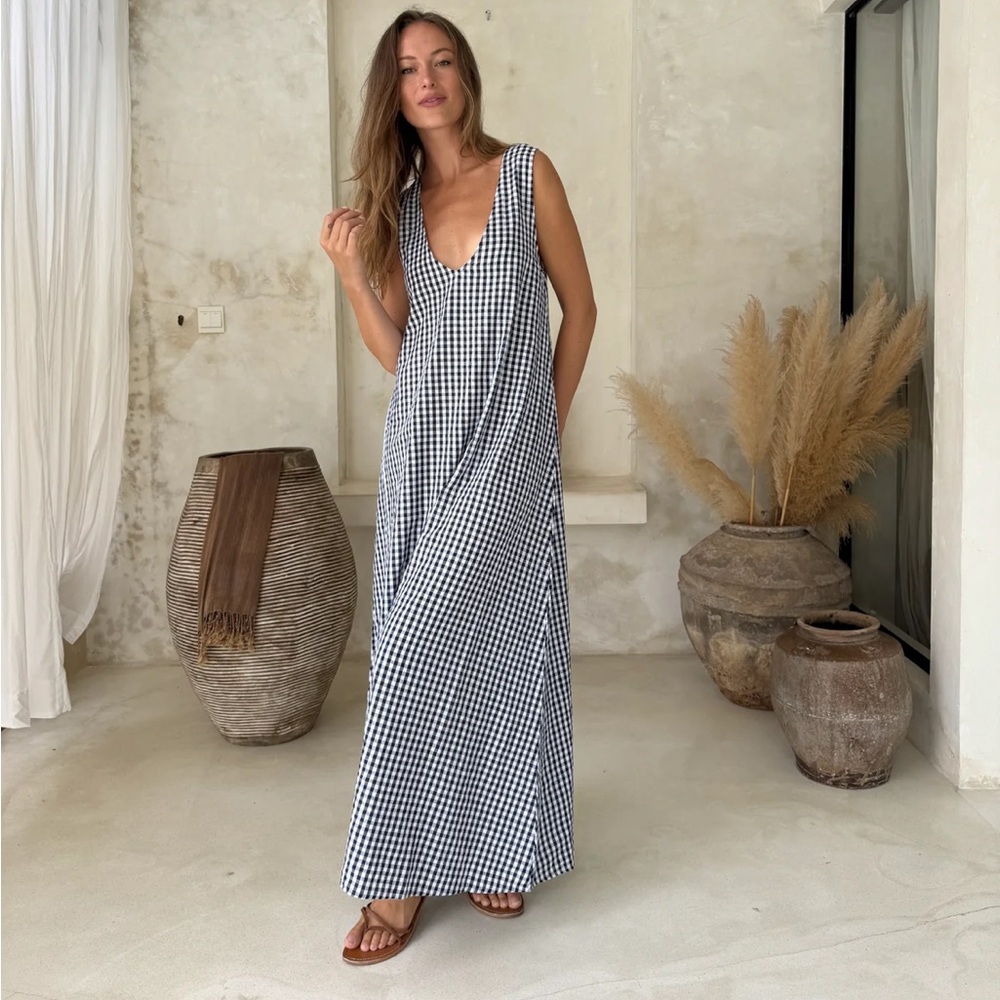 Puka the Label (Gili Dress) Size Small Maxi Dress (Blue + White Check)